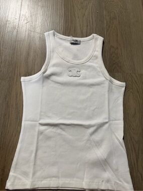 Celine White Ribbed Muscle Tank with Embroidered Logo